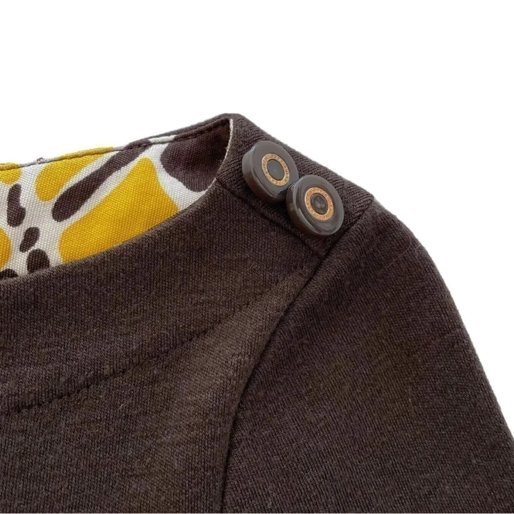 TORY BURCH Brown Wool Sheath Dress Yellow Tan Silk Mod Sleeves Hem Woman's Sz XS